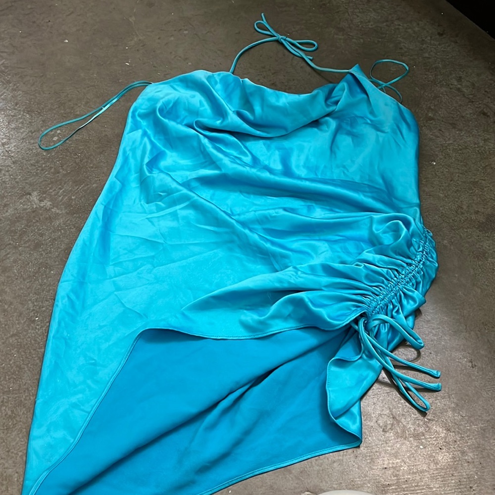 Slant bottom satin halter low back dress adjustable side